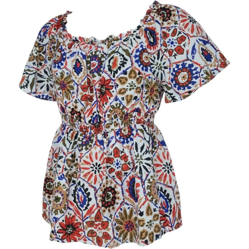 Peplum Blouse Top SM Colorful Smock Beach Boho Tribal Resort On/Off Shoulder NWT